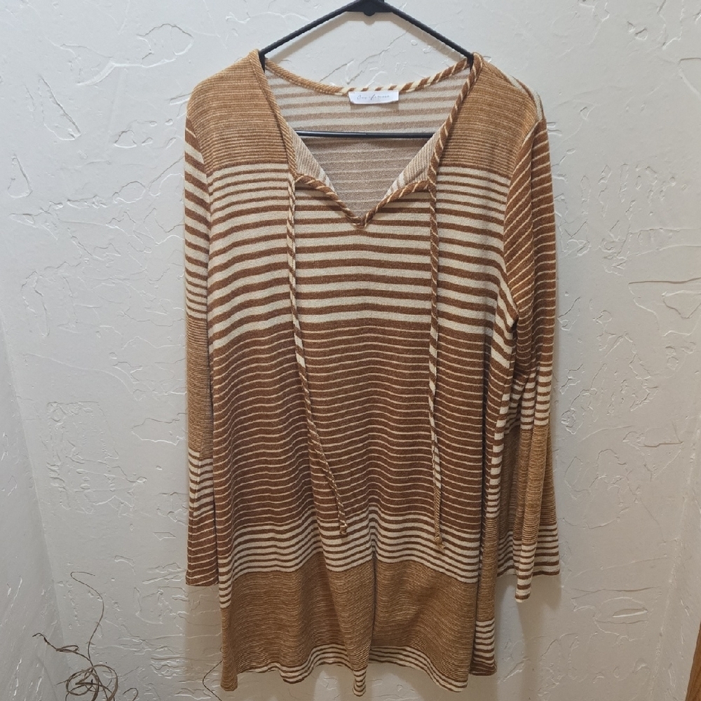 Ces Femme Tan and Cream Striped Knit Tunic Top